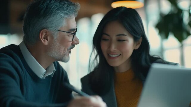 Two people, likely business colleagues, discussing or presenting in a professional setting.