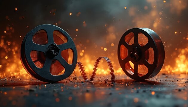 Vintage film reels with celluloid strip between them, lit by warm orange glow and sparks. Cinema history, nostalgic entertainment, movie production concept.