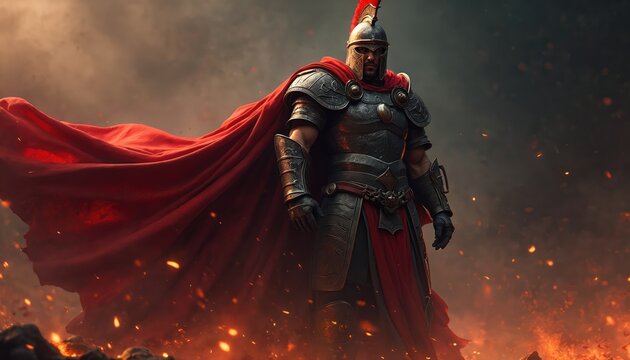 Armored warrior with red cape stands amid fire embers. Strong hero in helmet, dark background with smoke. Gladiator ready for battle, epic cinematic scene. Roman soldier, fantasy fight.