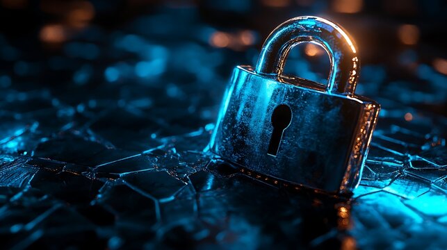 A close-up of a rusty padlock on a dark, cracked surface with blue and orange lights.
