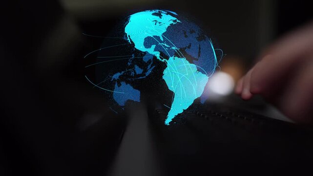 Global network connection visualization showing data exchange, digital link, worldwide communication. Global data flow and digital network infrastructure connecting regions around the world. Thunk