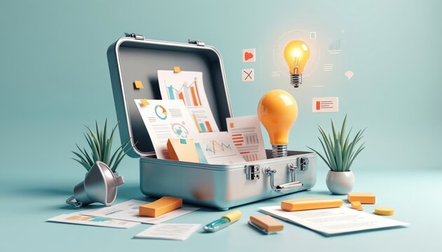 Open briefcase with charts and financial reports. Light bulbs signal new ideas. Megaphone promotes business growth and strategy. Office desk scene.