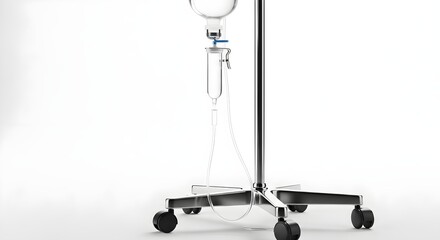 Naklejka premium IV drip stand with clear IV bag and tube on a wheeled base against a white background for medical equipment and healthcare settings