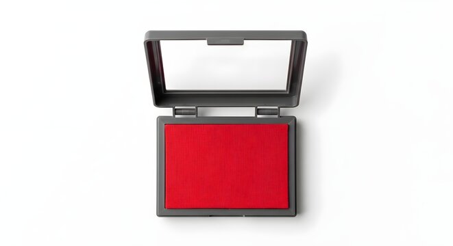 Open red blush compact with mirror on white background for makeup and cosmetics advertising