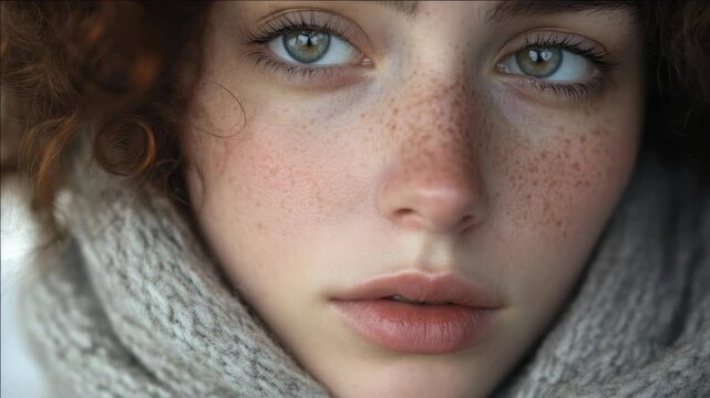 A young woman with red hair and distinctive freckled cheeks looking directly at the camera.