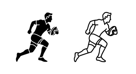 Naklejka premium Rugby player icon silhouette and outline vector - running athlete with ball