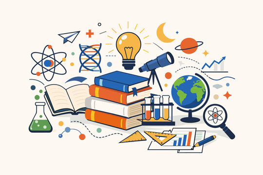 Science and Education Concept with Books, Physics Formulas, Chemistry and Knowledge Symbols Illustration