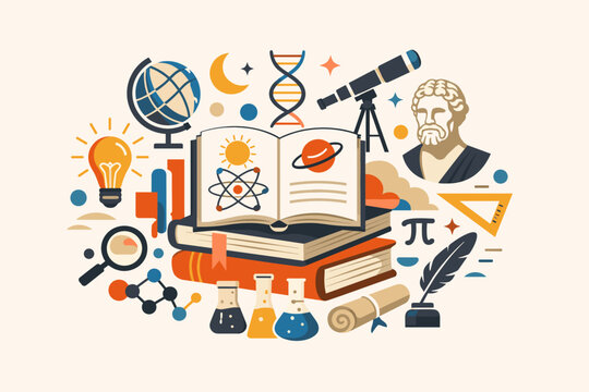 Science and Education Concept with Books, Physics Formulas, Chemistry and Knowledge Symbols Illustration