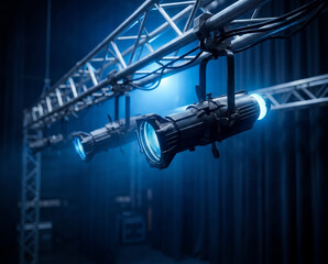 Fototapeta premium Professional stage spotlights mounted on a metal truss in a dark theater. Atmospheric blue light beams illuminating the scene for a concert, performance, or event. High-quality studio equipment.
