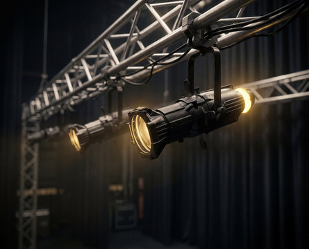 Professional studio ellipsoidal spotlight on a metal truss. Bright warm yellow light beam in a dark theater or concert hall. Theatrical stage lighting equipment for event production and shows
