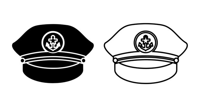 Navy captain hat icon: black silhouette and outline with anchor emblem