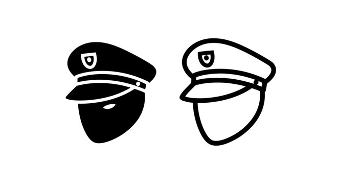 Captain's hat icon set: black silhouette and outline of a nautical cap
