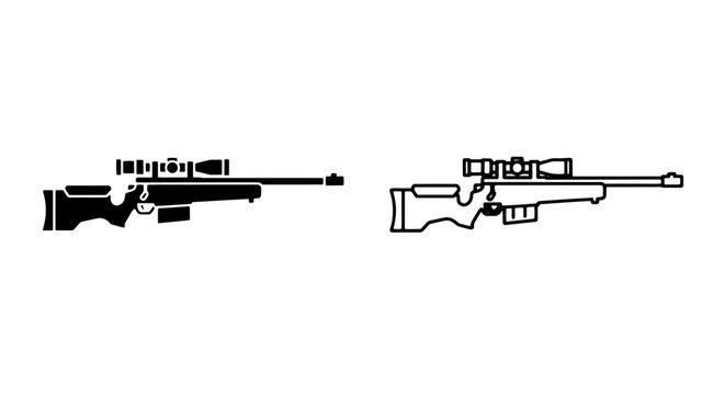 Sniper rifle icon with scope - black and white vector graphics