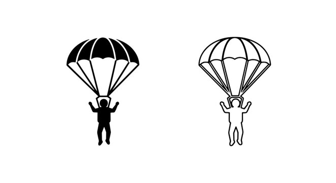 Parachutist icon set - silhouette and outline vector graphics for skydiving