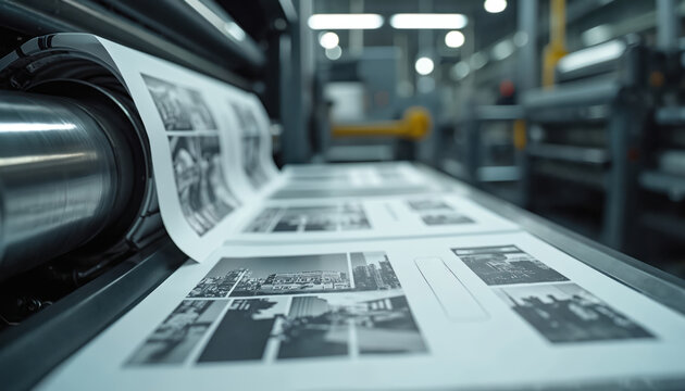 Printing press in action producing papers. Paper sheets move along conveyor belt. Industrial machine works in factory. Publishing industry media production.