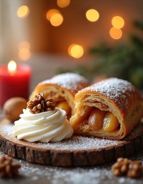 Warm apple strudel pastry with whipped cream, powdered sugar, and walnuts. A festive dessert perfect for holidays, celebrations, and cozy winter gatherings. Enjoy this sweet treat.