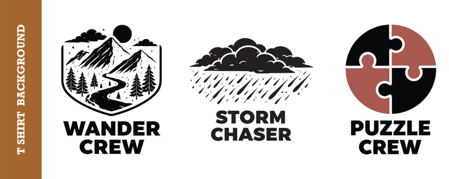 Creative vintagestyle tshirt design collection featuring wander crew storm chaser and puzzle crew logos with nature and puzzle elements