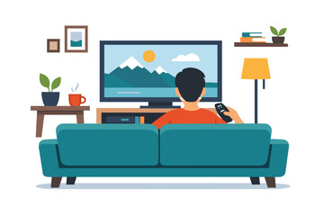 Flat vector illustration of man watching TV at home, cozy living room interior, leisure and relaxation lifestyle concept