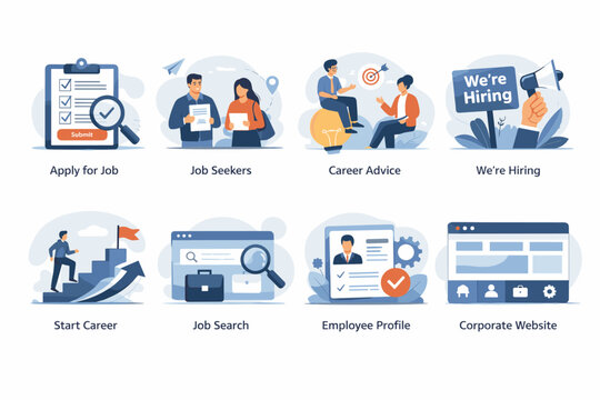 Flat vector set of job search and hiring concepts, career development, recruitment, resume, interview and employment illustration collection