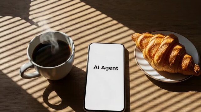 Smartphone with ai agent software on screen placed near coffee and croissant. Breakfast table setup with digital interface for intelligent assistant technology app.