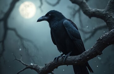 Fototapeta premium Black raven bird perched on tree branch under full moon. Dark moody atmosphere evokes mystery and foreboding. Gothic scene suggests Halloween or witchcraft themes.