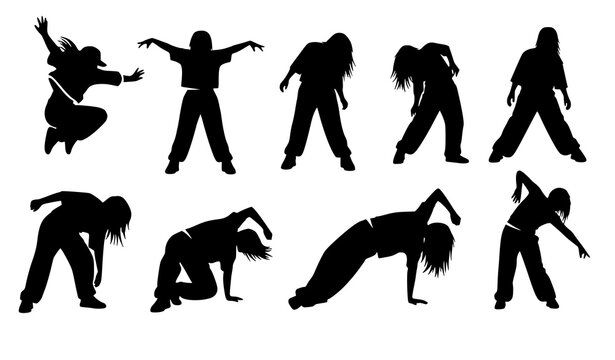 Female hip hop dance silhouettes vector urban dancer icon set