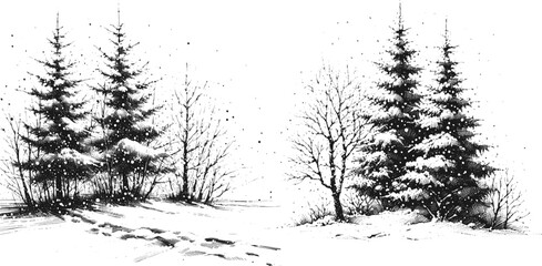 Line art sketch drawing of serene winter forest landscape. Snow-covered ground stretches across the scene, with footprints leading from the foreground toward the trees vector svg © Ratcha