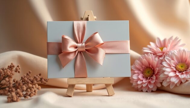 Light blue gift card with pink bow sits on wooden easel. Nearby are pink flowers and dry twigs. Soft fabric background creates elegant atmosphere for promotion, retail, or greeting.