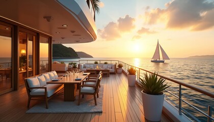 Fototapeta premium Luxurious yacht deck with outdoor dining area at sunset. Guests enjoy calm sea view with sailboat passing by. Island hills in background warm sky colors.