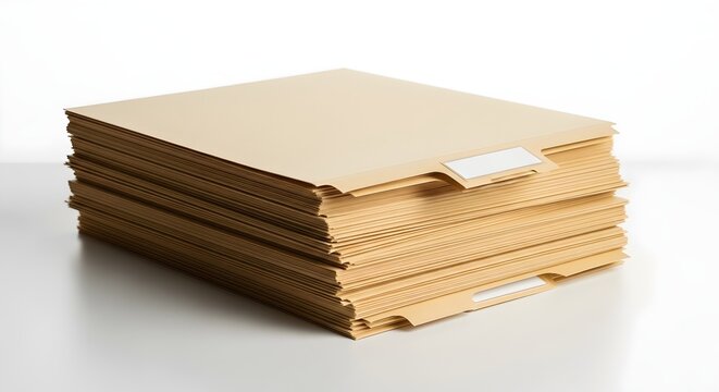 Stack of brown manila file folders on a white background for office organization and document storage