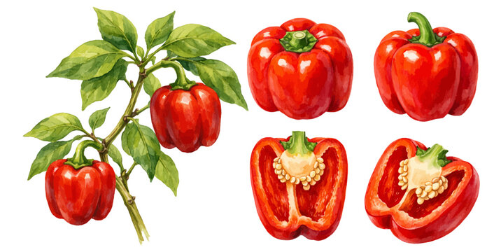 A vibrant collection of watercolor red bell peppers on a branch, featuring whole and halved sweet capsicum vegetables with green leaves isolated on a transparent background.