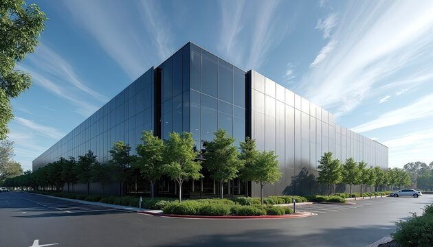 Modern glass building exterior facade with rows of green trees and manicured bushes. Office park parking lot with paved asphalt and white line markings. Sunny day with blue sky and wispy clouds above.