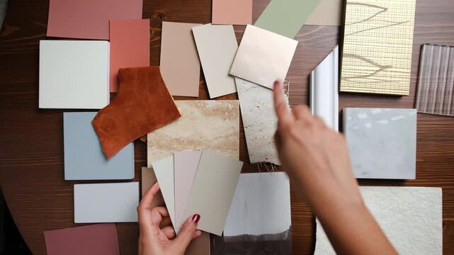 Material selection process with color palette and texture samples on workspace desk