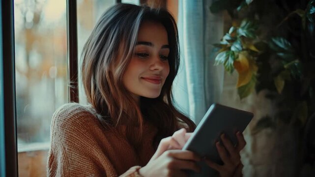 A young woman smiles while holding a handheld device, likely communicating or browsing on her tablet in a coffee shop setting.
