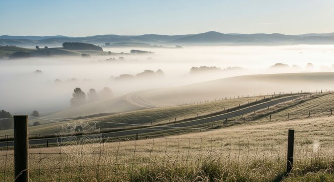Rolling hills blanketed by morning mist under a clear sky