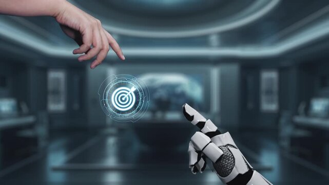 A futuristic scene showcasing collaboration between human and robot in developing a marketing strategy using digital analytics and visualization tools in a business environment. Auvana