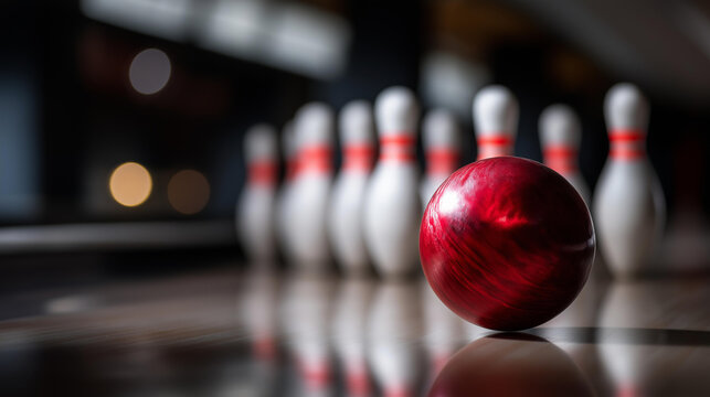 Classic red bowling ball positioned before row of white pins on polished lane, setup suggesting imminent throw, anticipation and sport excitement concept, defocused alley