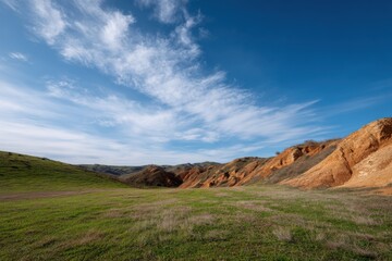 Naklejka premium Green valley with orange cliffs under sweeping clouds and brilliant blue sky across an expansive grassland panorama