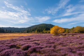 Naklejka premium Heather field tree sky mountain with purple flowering heath in foreground and a solitary golden tree near a forested hillside under a broad blue sky
