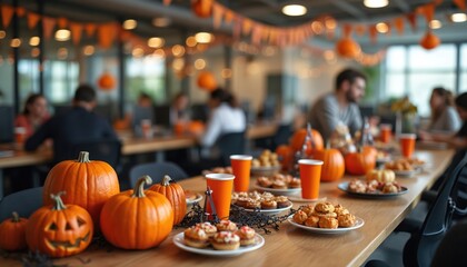 Fototapeta premium Office workers enjoy Halloween treats, pumpkins at festive desk gathering. Autumn decor includes orange banners, lights creating cheerful workspace ambience. Employees celebrate season festivity with