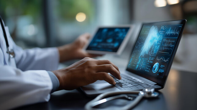 Faceless doctor using laptop and tablet with futuristic digital medical dashboard, AI analytics and health data visualization on screen, defocused modern healthcare environment