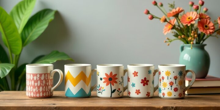 A Collection of Retro-Styled Mugs Featuring Vibrant Floral and Geometric Designs, Arranged on a Wooden Surface with a Vase of Flowers and Greenery in the Background