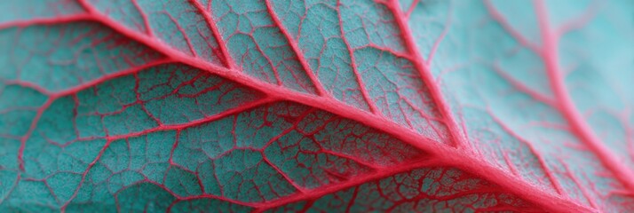 Naklejka premium Closeup leaf vein texture turquoise red macro botanical detail organic pattern nature abstract vibrant contrast close up natural surface