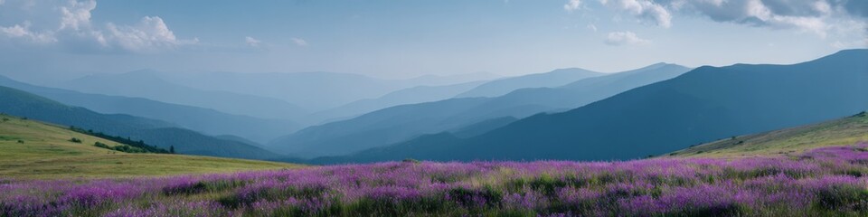Naklejka premium Lavender ridge mountain range layered valleys morning mist soft light purple blossom carpet scenic panorama calm atmosphere