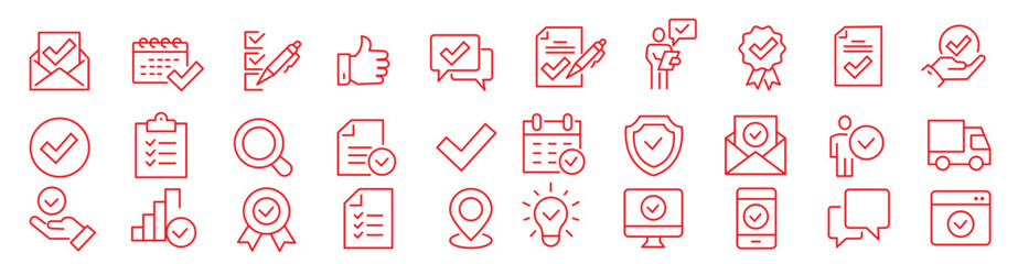 Checkmark and Approved web icon set in line style. Checklist, accepted, stamp, accept, agree, quality control, collection. Editable stroke. Vector illustration. © Top