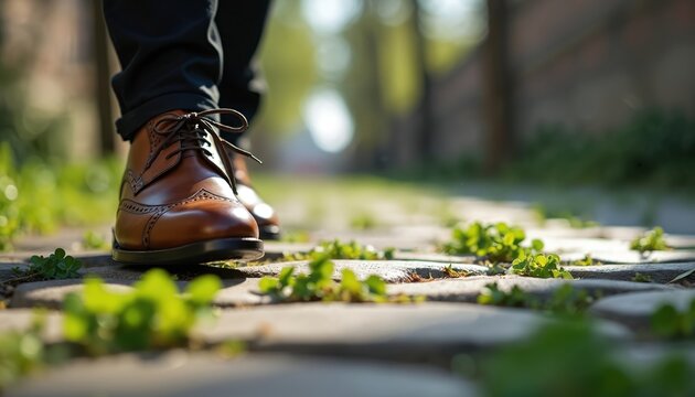 Man in brown polished leather shoes walks on cobblestone path with green plants growing between stones. Business pro takes a confident step forward on paved walkway outdoors.