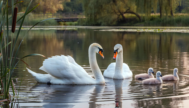 Pair of mute swans with small grey cygnets on a calm park lake