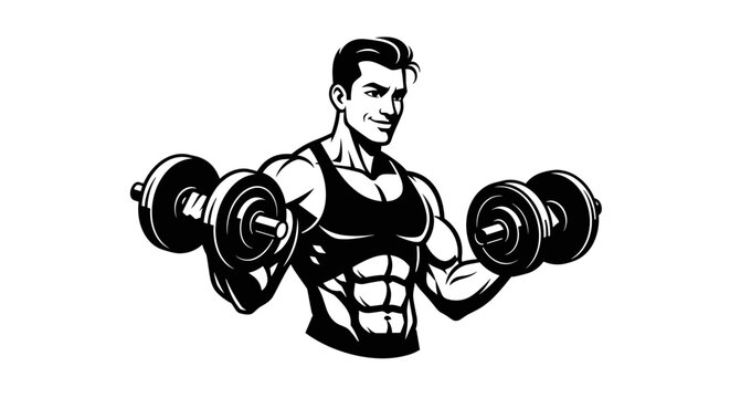 Muscular man with defined abs lifting dumbbells in a black and white illustration