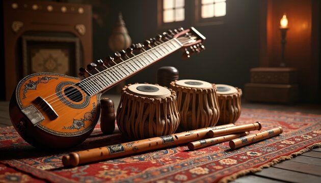 Collection of Indian musical instruments like sitar tabla and bansuri flute rests on ornate rug. Traditional drums and stringed guitar sitar arranged for melody and song.