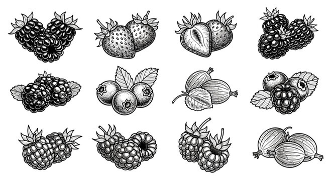 Collection of hand-drawn berries including strawberries, blueberries, raspberries, and blackberries